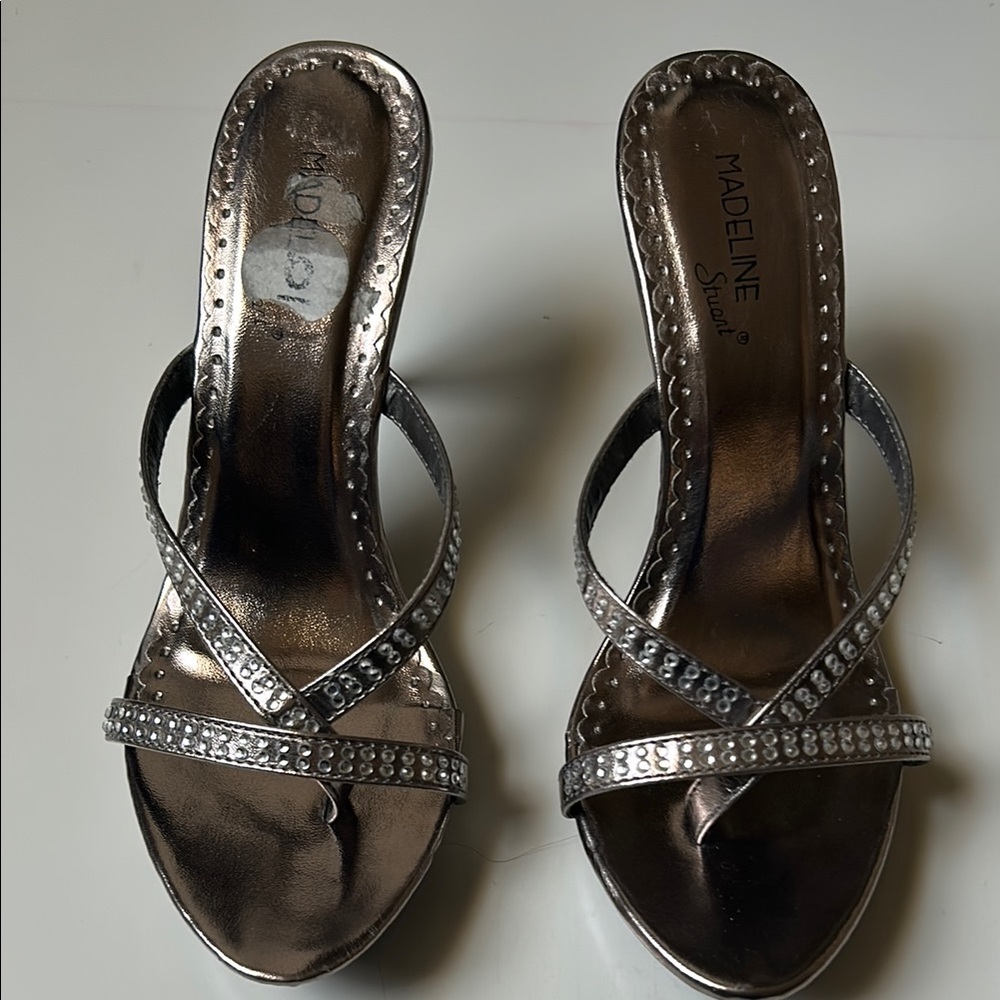 Madeline Stuart Silver Heels with Rhinestone Straps